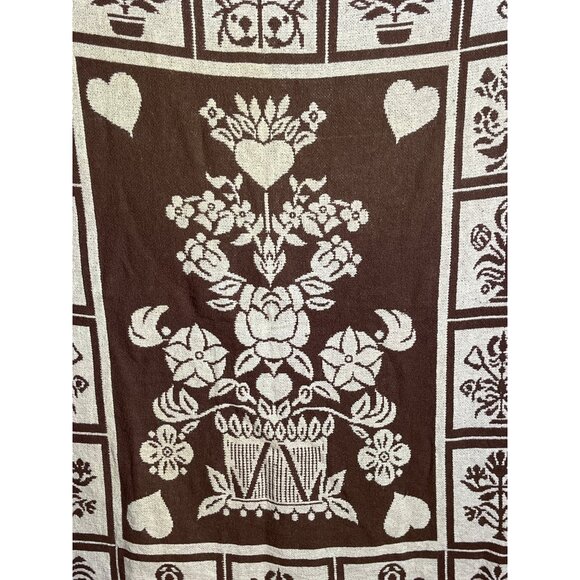 Vtg Cotton Blanket Chocolate Brown Tan Folk Throw Rustic Farmhouse Home Decor - Picture 8 of 9
